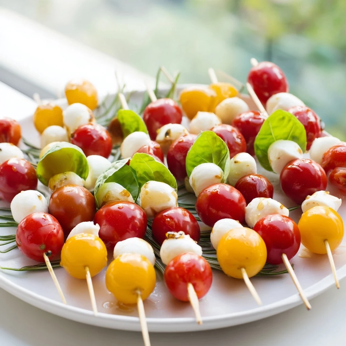 Homemade Easy Christmas Tree Caprese Skewers feature bright red tomatoes and fresh basil, a delicious vegetarian snack.