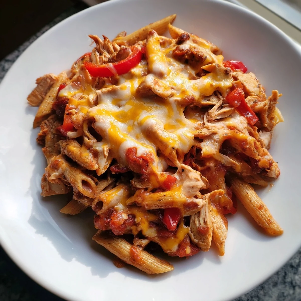 Creamy, bubbling Baked Salsa Chicken Pasta, topped with melted cheese, ready to serve and enjoy.
