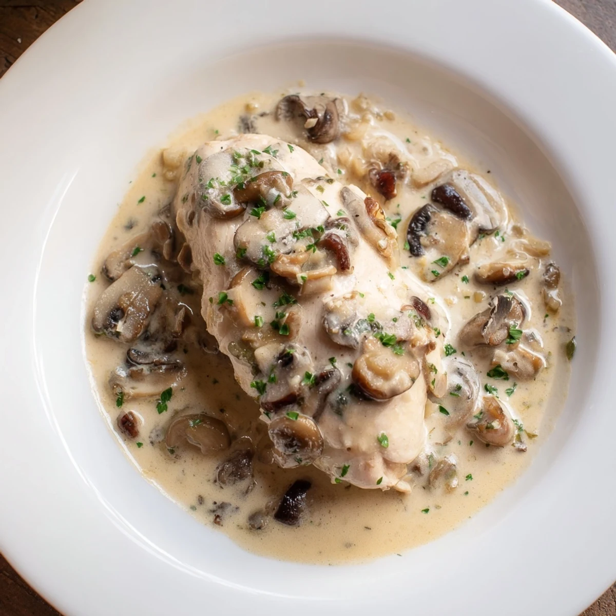 A close-up shot of the savory Tarragon Chicken & Mushroom Skillet, garnished with fresh tarragon sprigs.