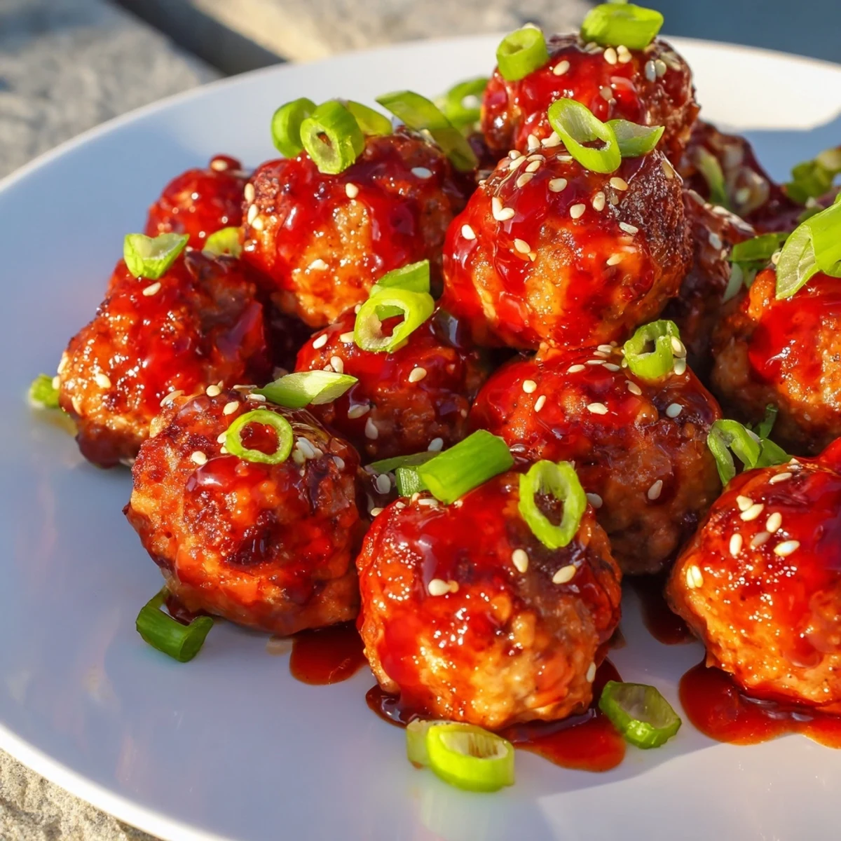 Close-up of tender Spicy Honey-Glazed Chicken Meatballs, coated in a rich, flavorful honey glaze.