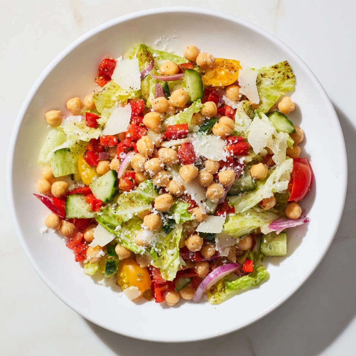 Fresh La Scala Chopped Chickpea Salad, bursting with colorful veggies and creamy chickpeas, ready to eat.