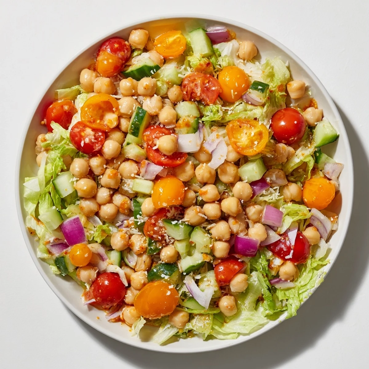 A vibrant bowl of La Scala Chopped Chickpea Salad, perfect vegetarian lunch with Parmesan cheese.