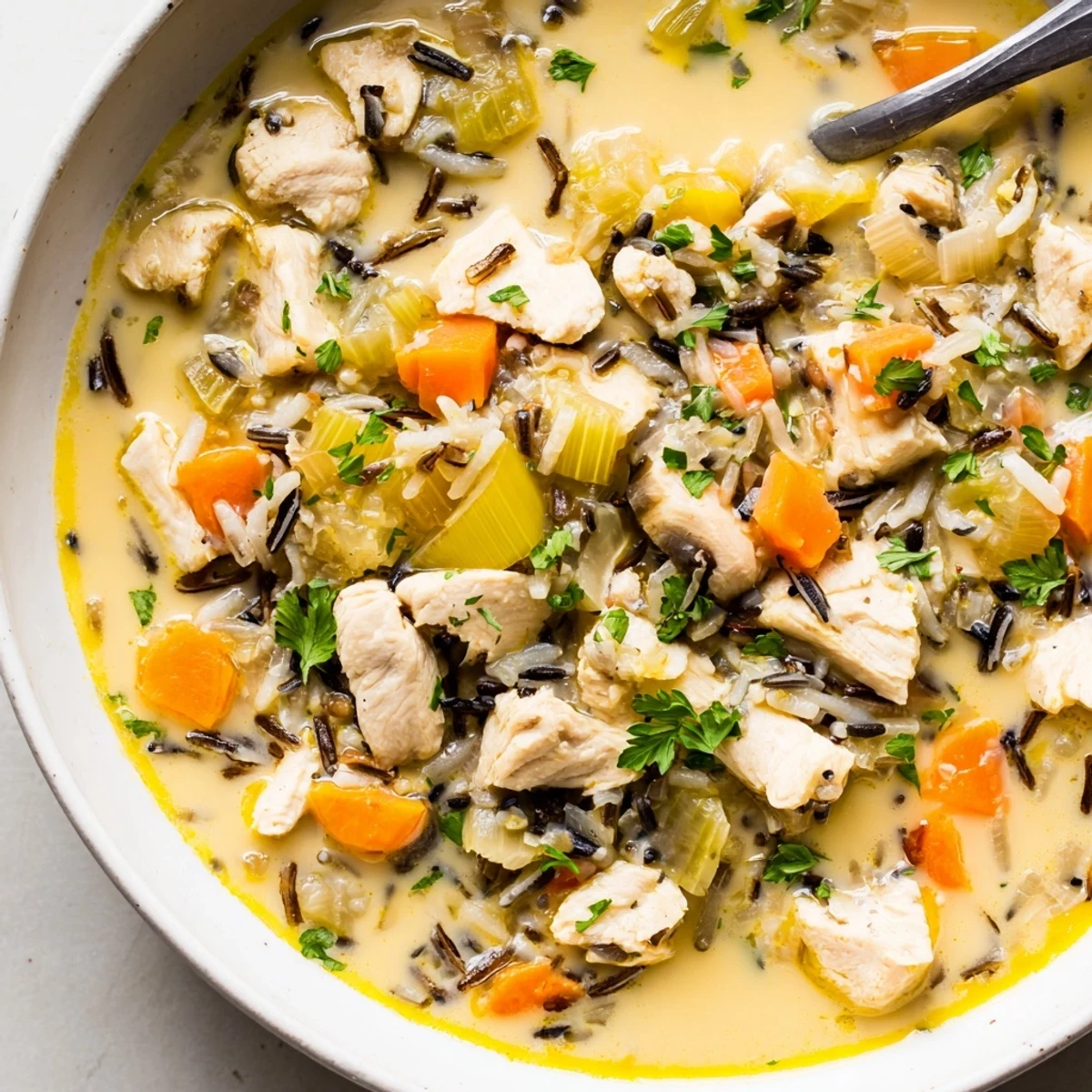 A creamy spoonful of delicious Quick Chicken and Wild Rice Soup, filled with tender chicken and veggies.