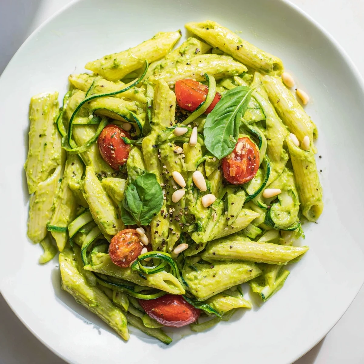 Creamy Vegan Green Goddess Pasta with blended spinach, herbs and avocado, a beautiful green color.