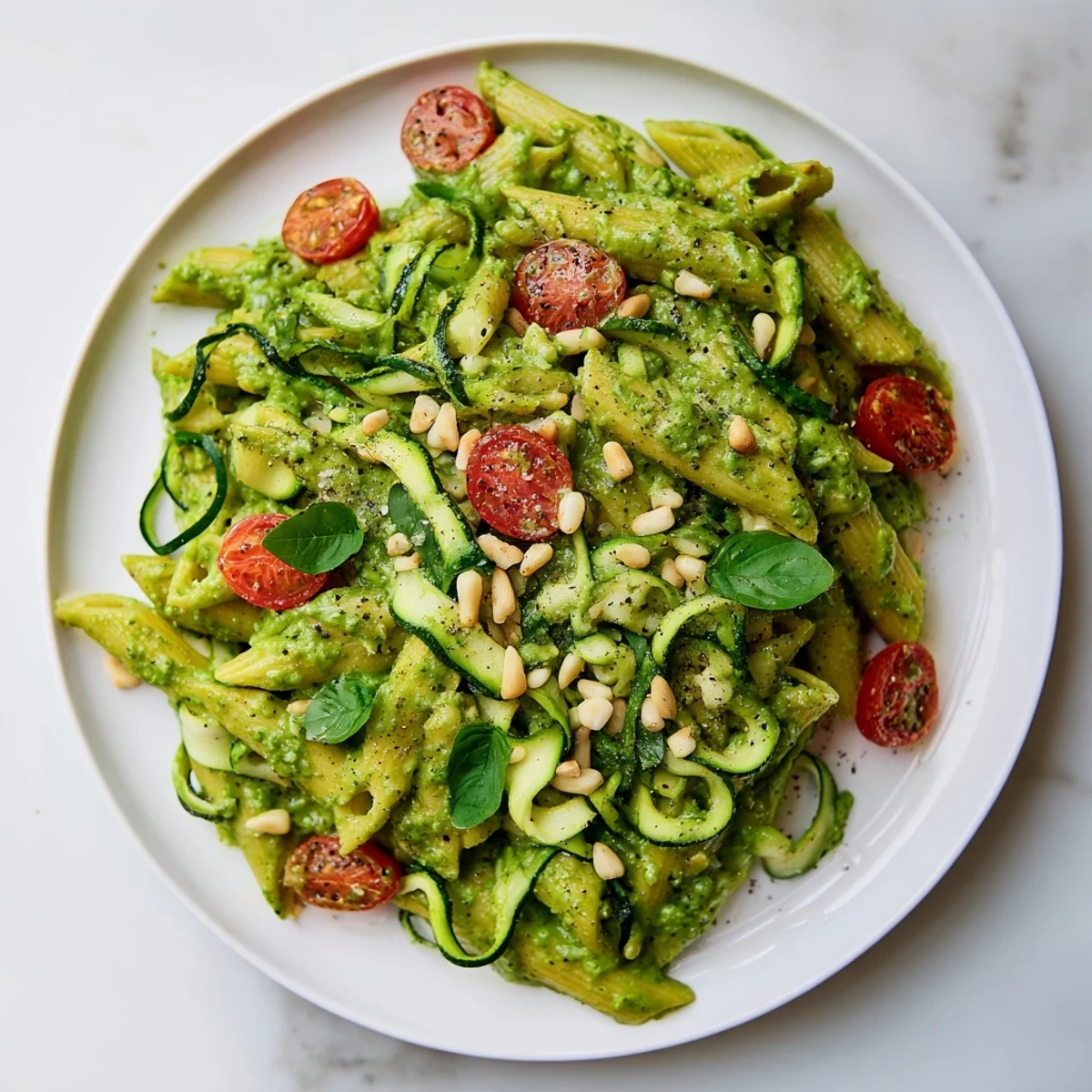 This picture reveals a bowl of Vegan Green Goddess Pasta with fresh basil and cherry tomatoes.