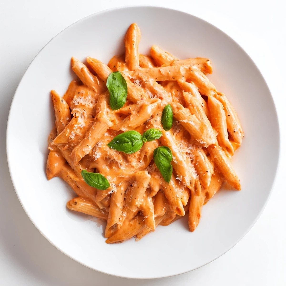 A close-up of the creamy 15-Minute Creamy Red Pepper Pasta, garnished with fresh basil.