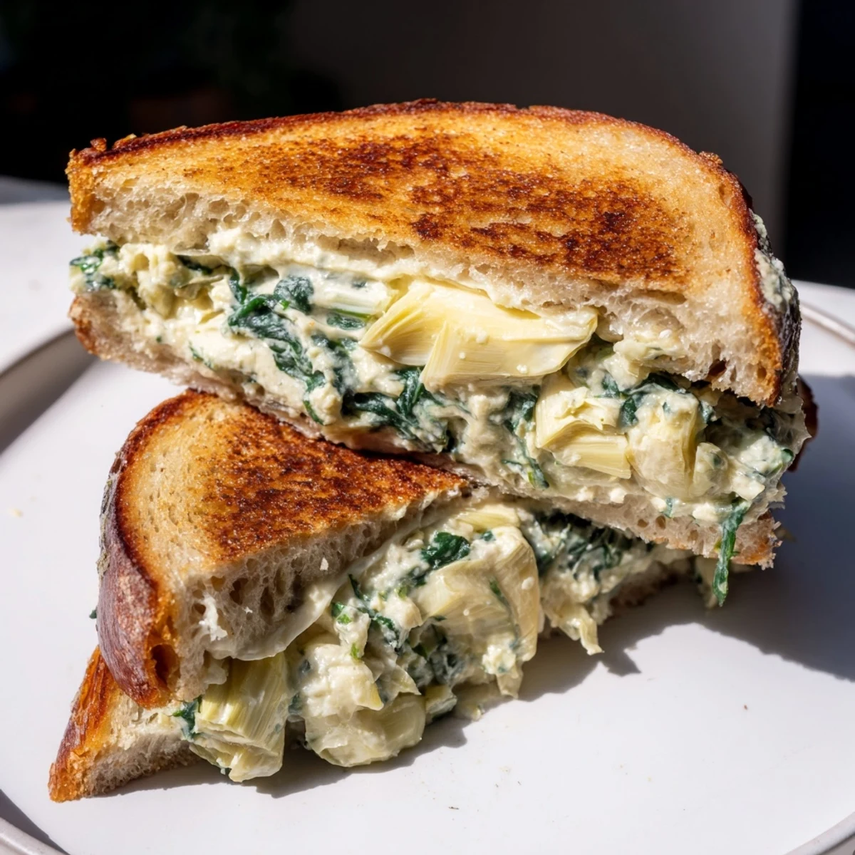 A close-up of golden sourdough spinach artichoke dip grilled cheese, cheese oozing invitingly.