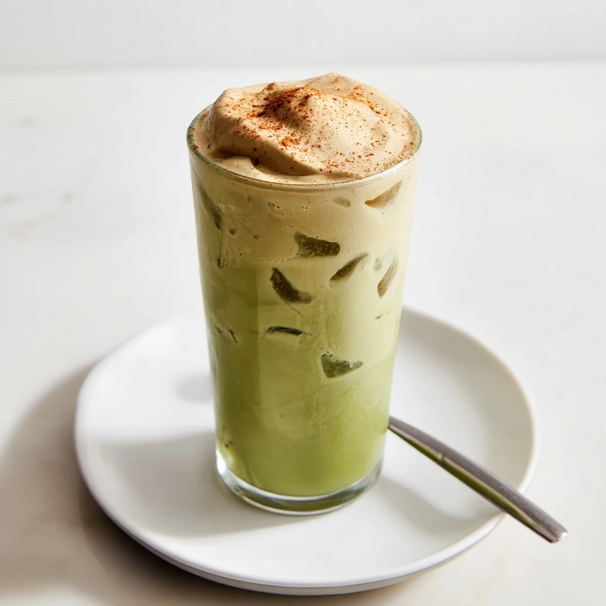 Cinnamon Roll Iced Matcha swirled with a fluffy protein foam, a delightful and refreshing beverage.