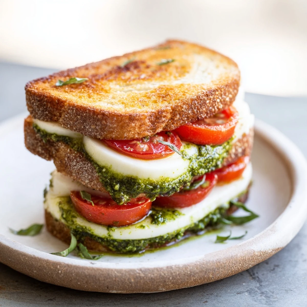 Savory Caprese Pesto Panini-Style Grilled Cheese, ready to be sliced, showcasing the fresh pesto filling.