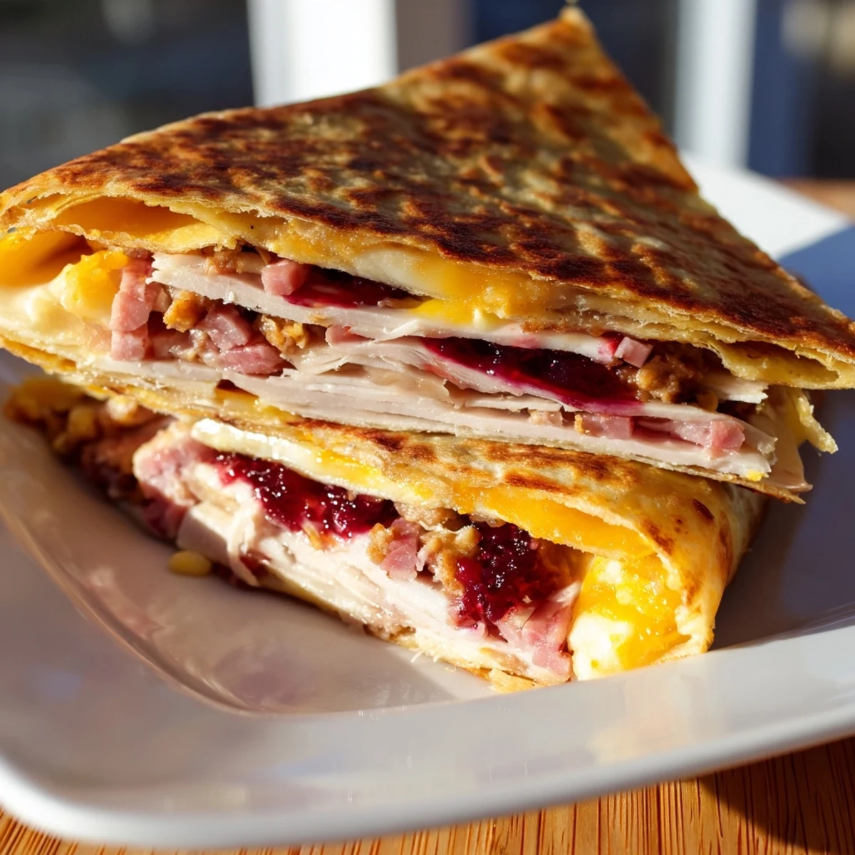 Golden brown Turkey, Stuffing & Cranberry Leftovers Tortilla Wrap, crispy and oozing with cheese.