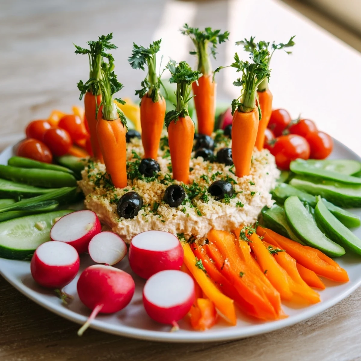 Vibrant Carrot Patch Veggie Board arrangement with colorful carrots, peas, and a creamy hummus dip.