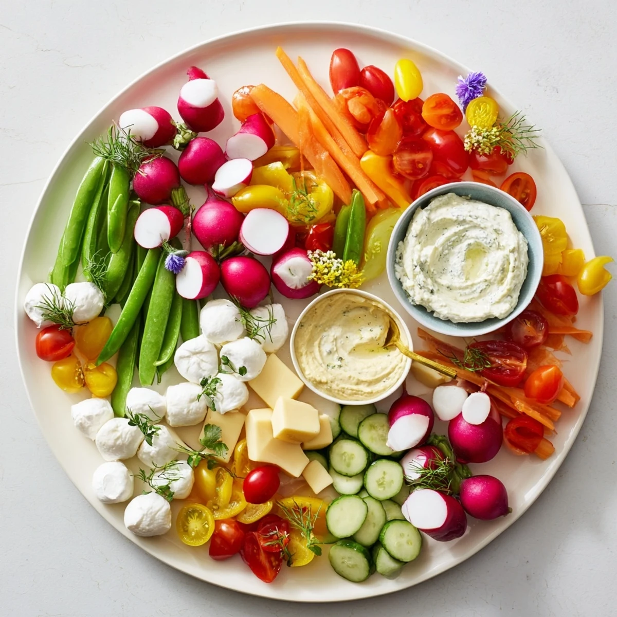 Fresh, vibrant Spring Wreath Appetizer Platter featuring a colorful array of cheeses, dips, and veggies.