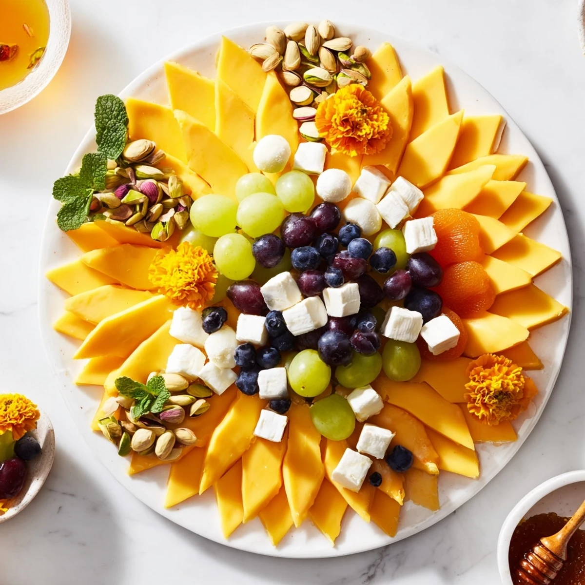 Creamy brie, vibrant cheddar, and fresh fruit compose this beautiful Daffodil Cheese Board.