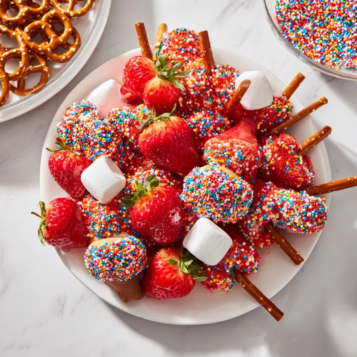 Brightly colored Rainbow Sprinkle Party Board, overflowing with dipped strawberries and sweet treats.