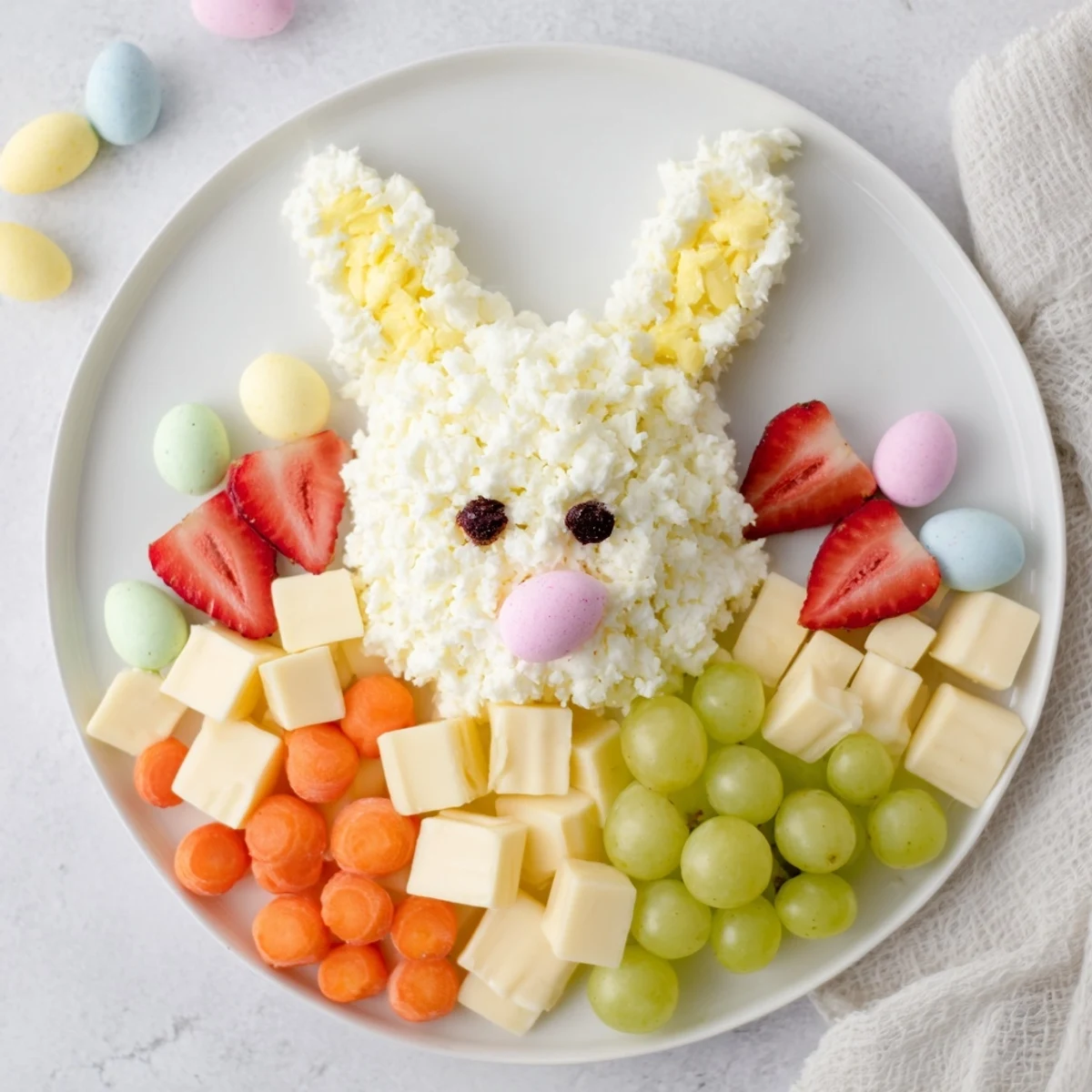 Bunny Ears Easter Board bursting with vibrant fruits, cheeses, and treats, perfect for sharing.