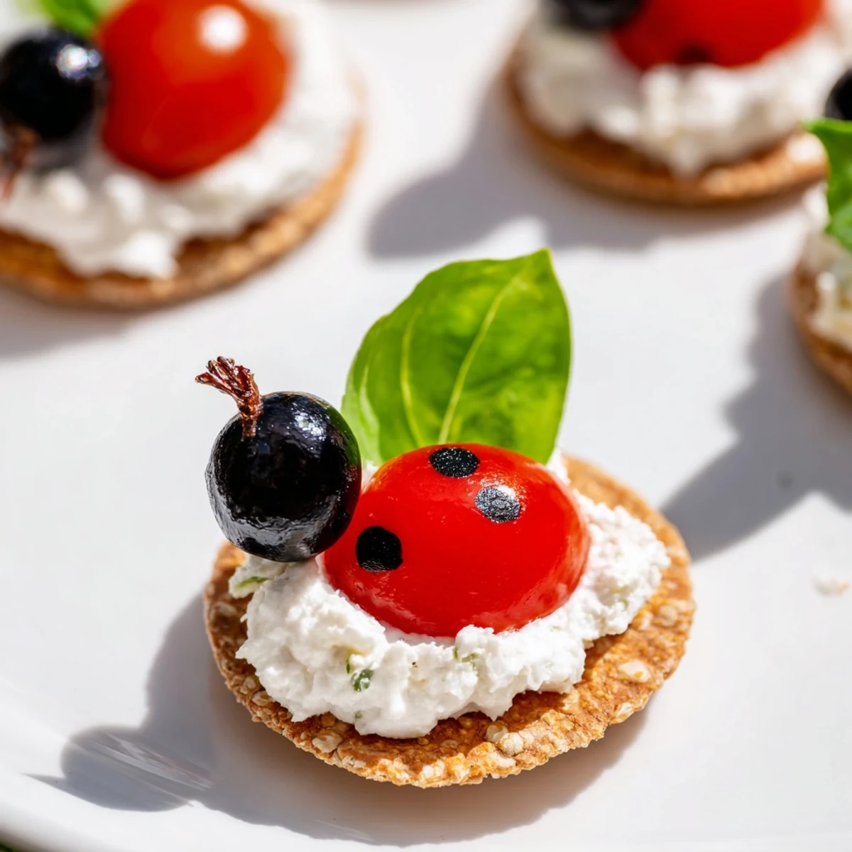 Ladybug Love Picnic Finger Foods: Cream cheese-topped crackers with tomato ladybugs, perfect for a picnic.