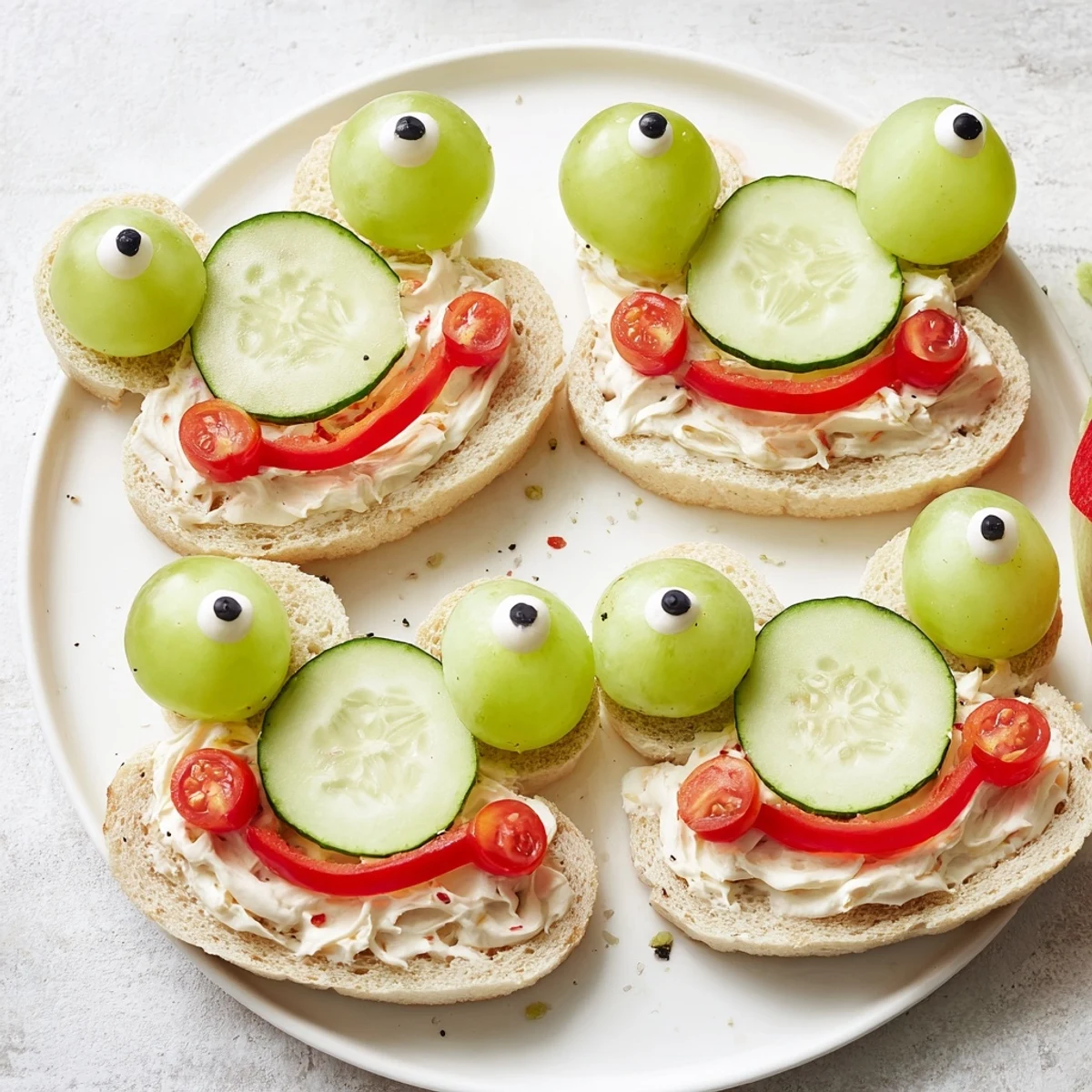 Prince Charming Froggy Sandwiches with smiling cherry tomato cheeks look absolutely adorable.