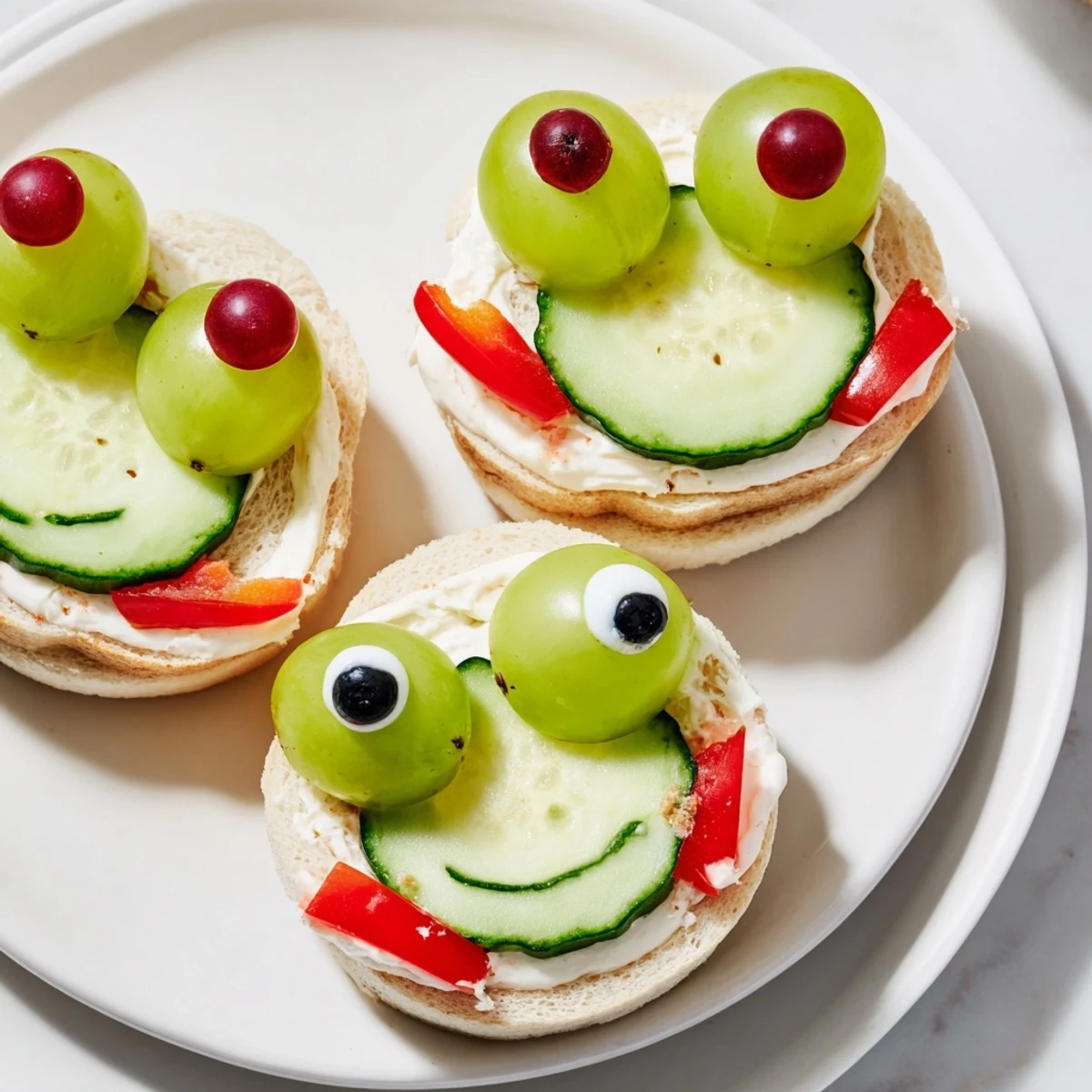 See the cheerful Prince Charming Froggy Sandwiches, perfect for a picnic with green grape eyes and red pepper mouths.