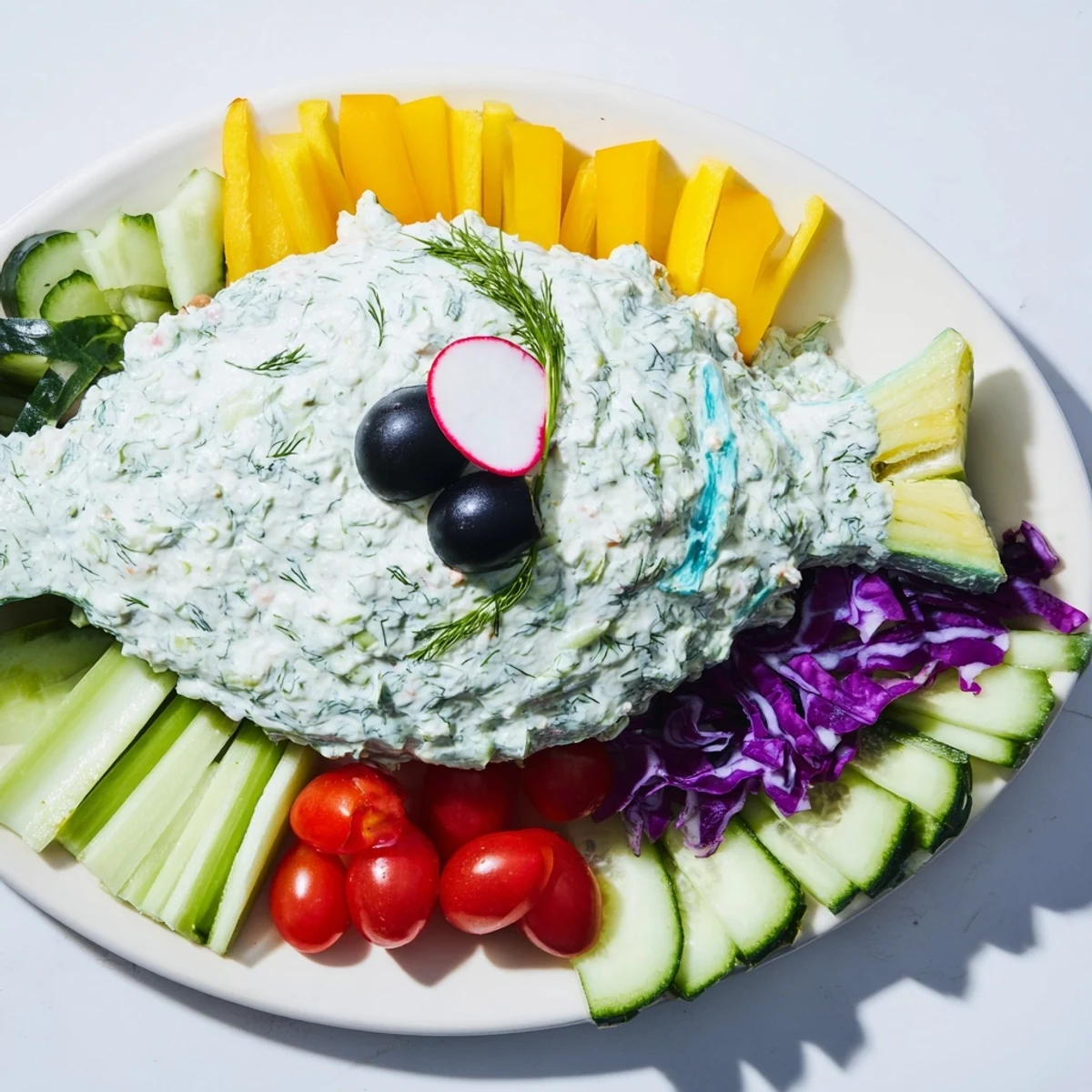 Vibrant Ocean Blue Fish-Shaped Dip Tray, filled with colorful vegetables and creamy dips ready for party guests.