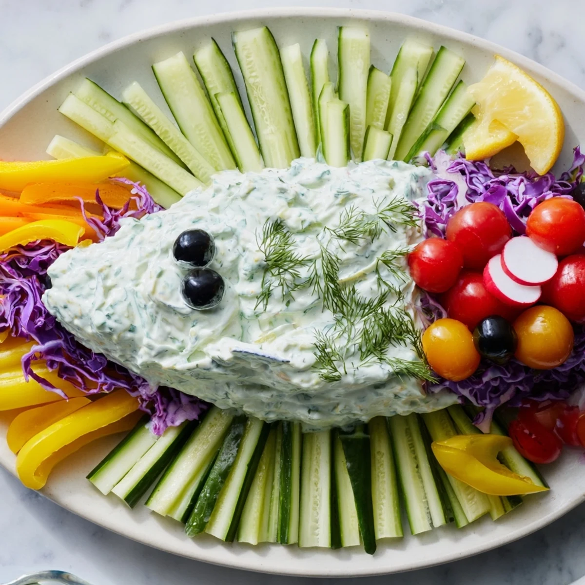 A visually appealing Ocean Blue Fish-Shaped Dip Tray appetizer showcases fresh vegetables alongside delicious, flavorful dips.