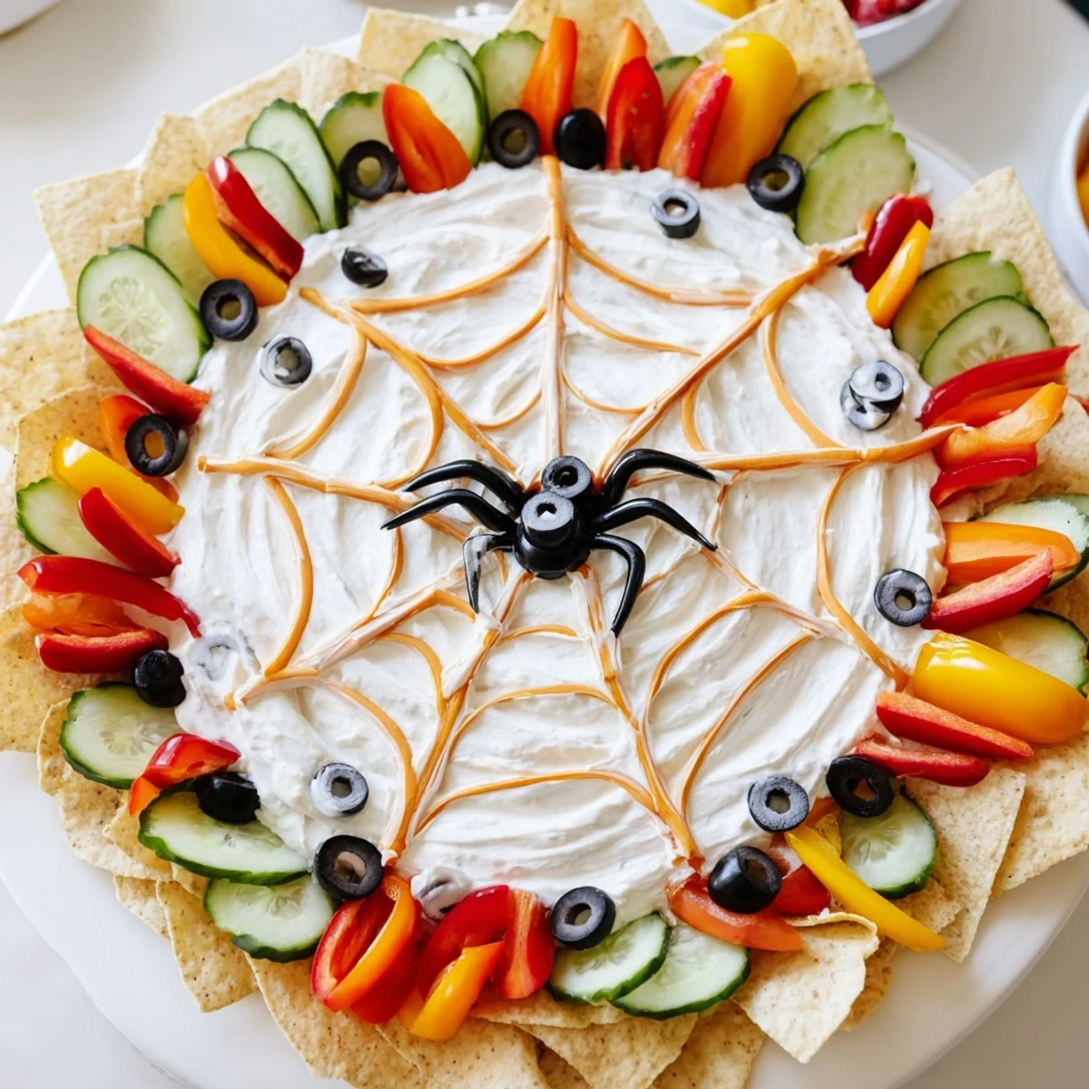 Delicious Creepy Crawly Spiderweb Platter with crunchy carrot sticks, perfect for spooky Halloween snacking and dipping.
