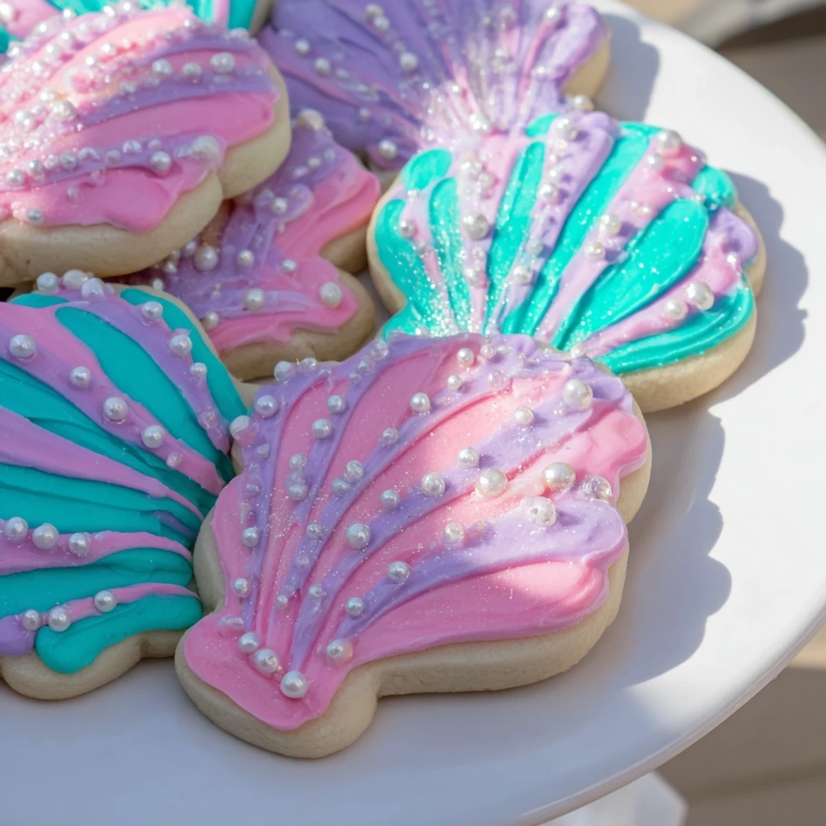Delicate Seashell Sweets with pastel icing and pearly sprinkles await on the plate.