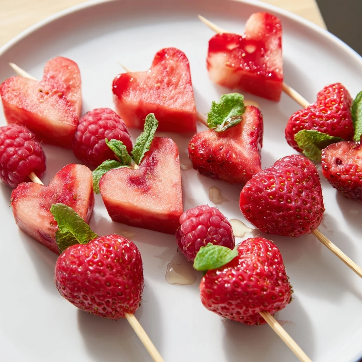 Vibrant red heart fruit skewers arranged on a platter, ready for a delicious and healthy dessert.