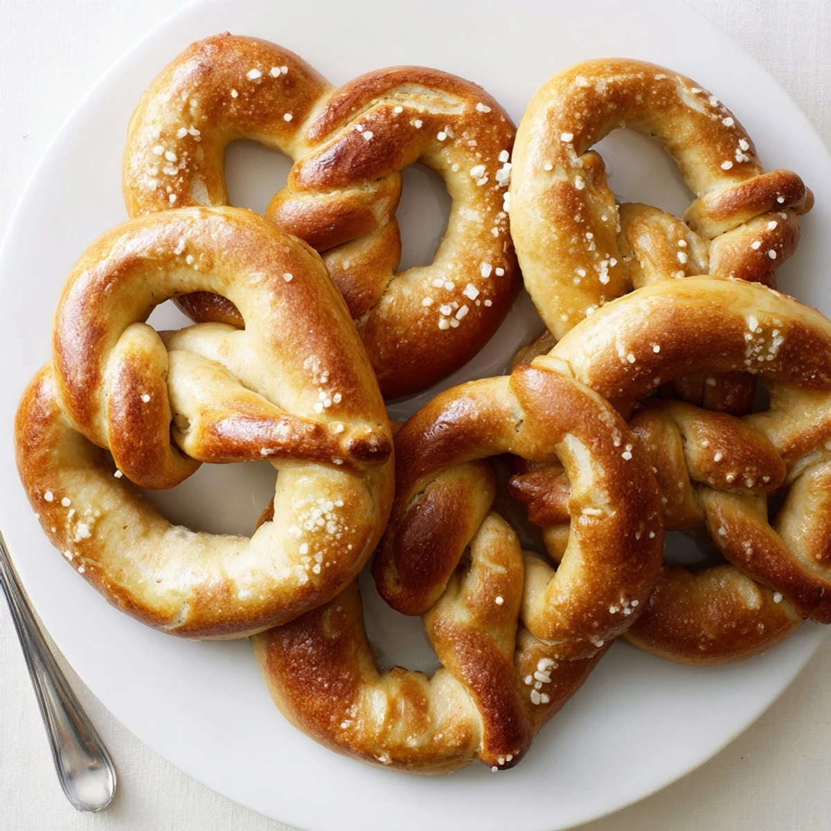 Golden, baked Bretzels Anneau de Fête rings, crisp and chewy, sprinkled generously with coarse sea salt.