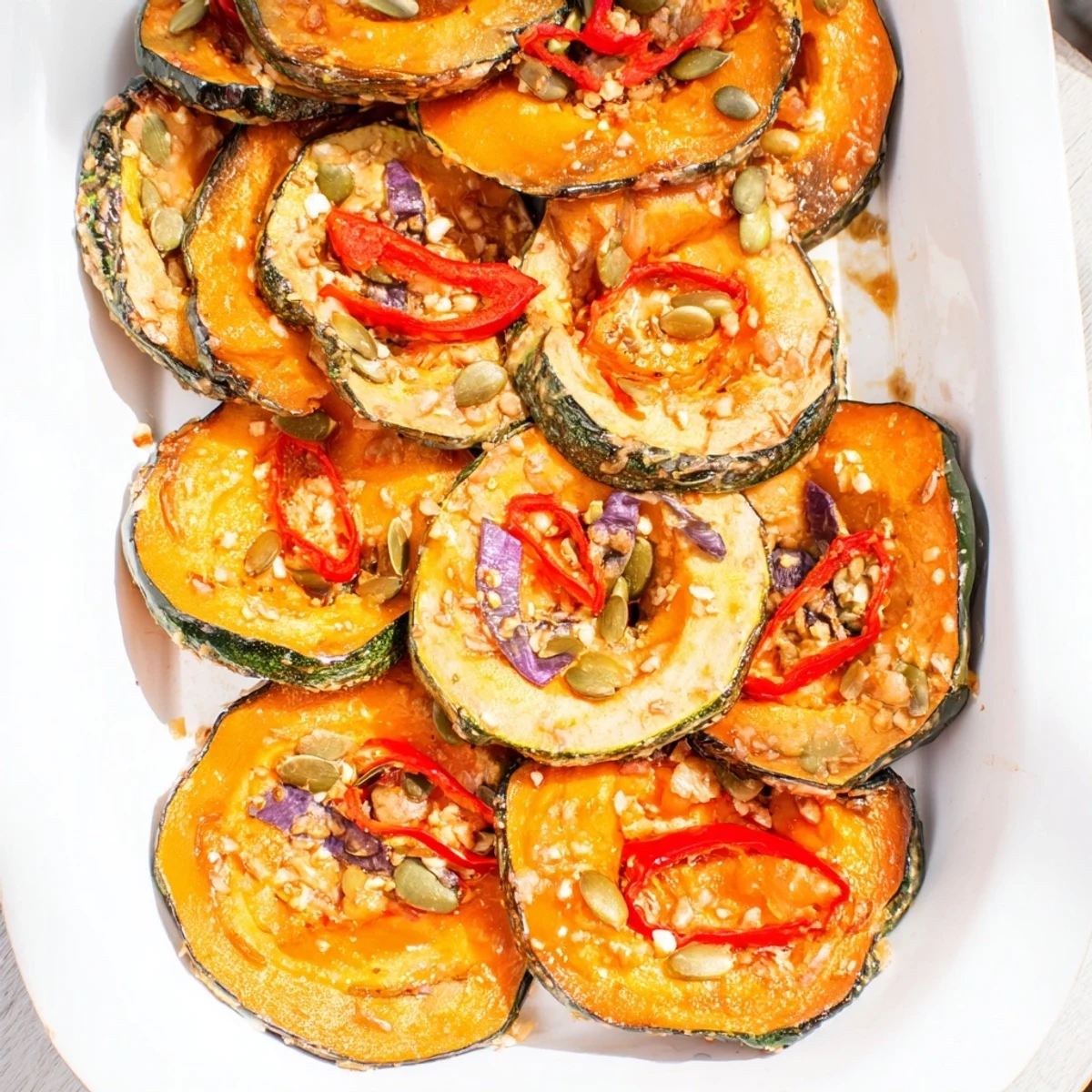Colorful roasted Pumpkin Lantern Halloween Plate, a festive gluten-free Halloween dish with toasted pumpkin seeds.