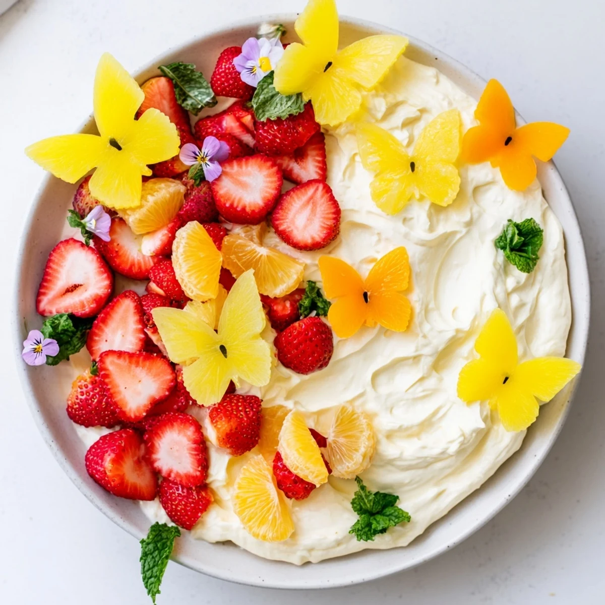 Delightful Butterfly Fruit and Cream Cheese Board, overflowing with vibrant fruits and creamy textures, ready to enjoy.