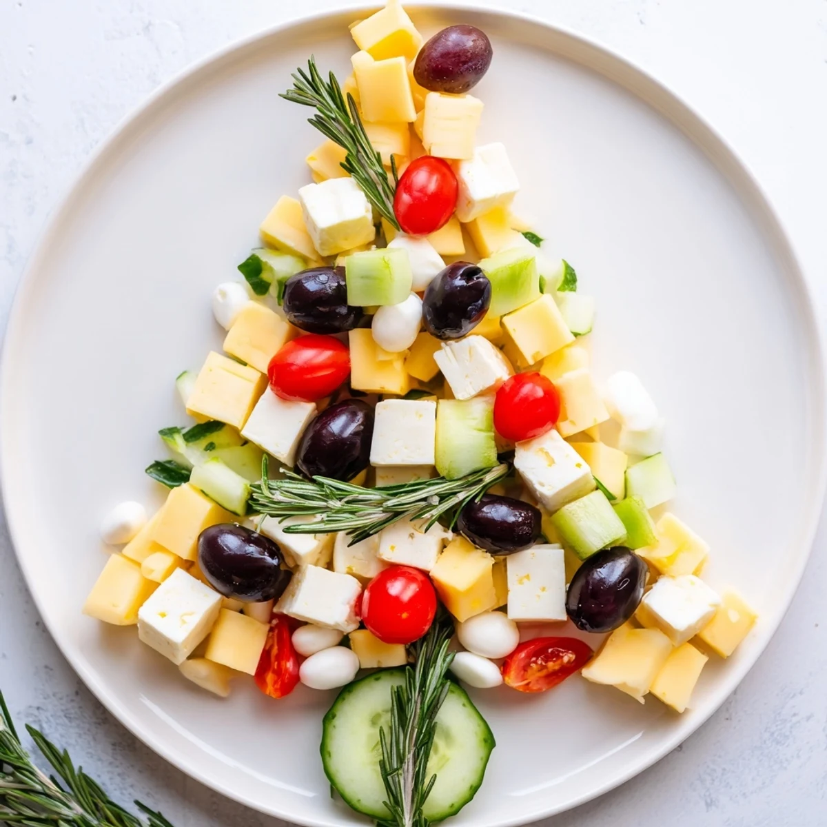 Festive Cheese & Olives Pine Tree Wreath, a colorful appetizer arranged with olives and fresh rosemary.