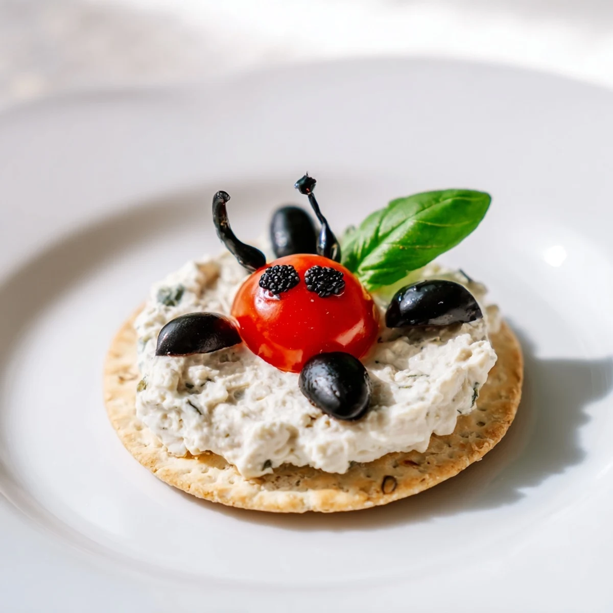 Freshly made Ladybug Tomato & Olive Bites with vibrant red tomatoes and black olive heads.