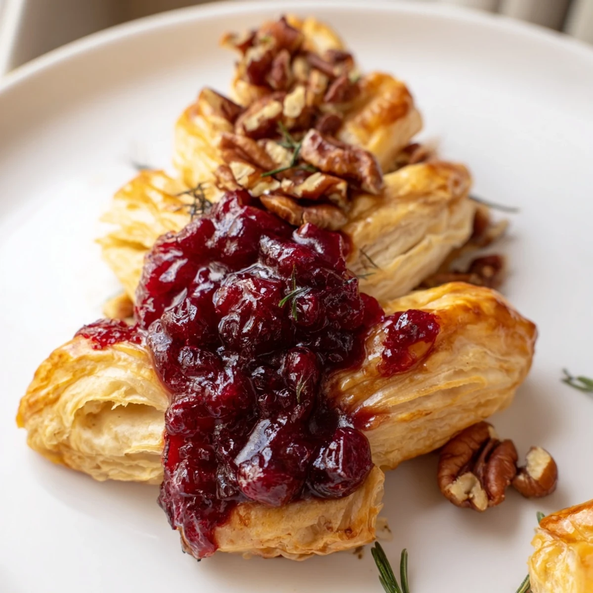 Golden Brie en Croûte Pine Tree, with cranberry filling, ready to serve for the holidays.