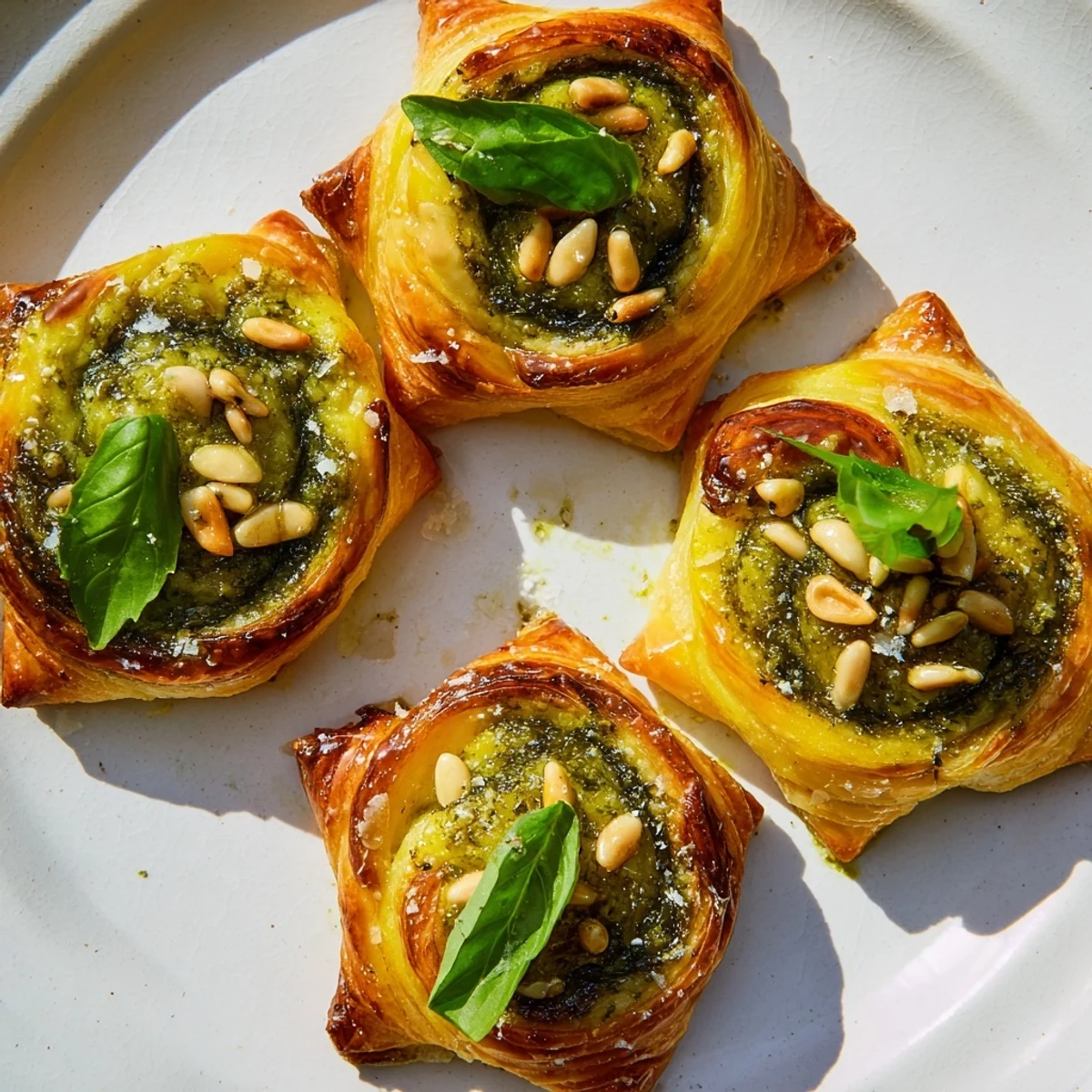 Golden-brown, star-shaped pesto pinwheels, a delicious appetizer featuring flaky pastry and savory filling.
