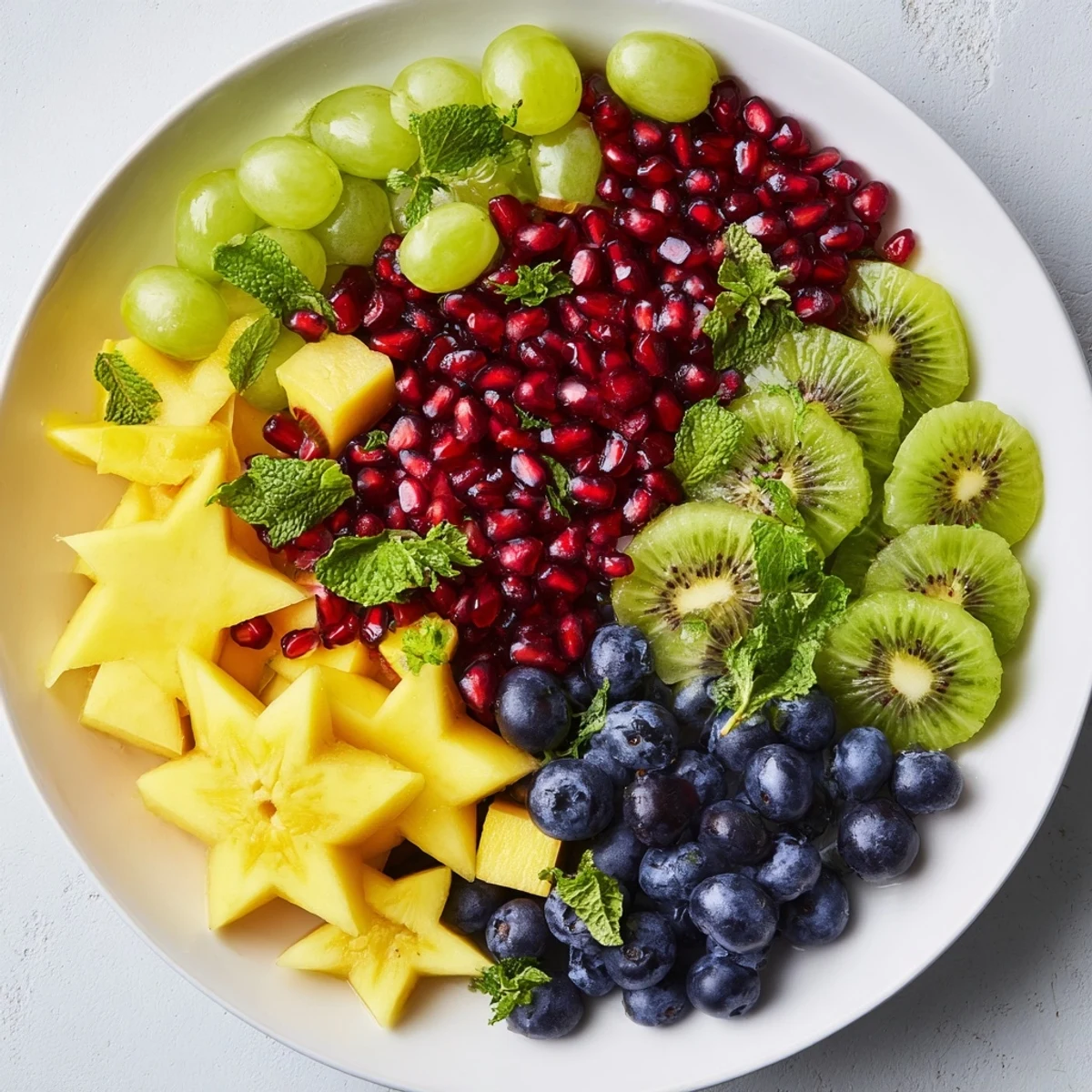 A beautiful pomegranate and mint star fruit platter showcasing the ruby-red seeds and starfruit slices.