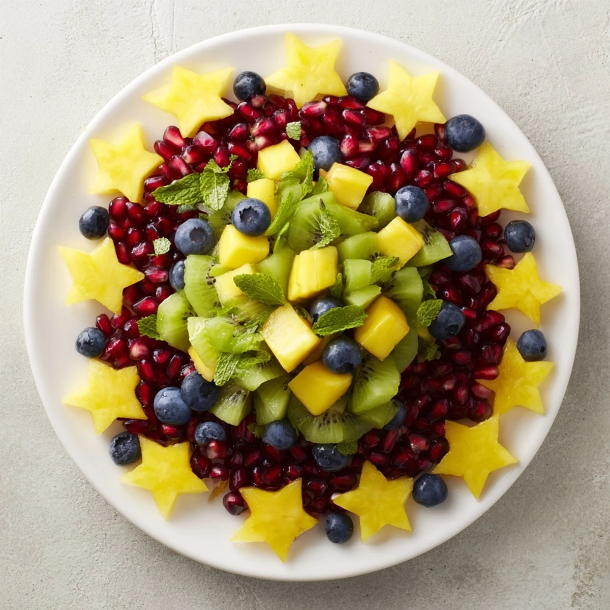 This refreshing pomegranate and mint star fruit platter is perfect for a light, colorful dessert.