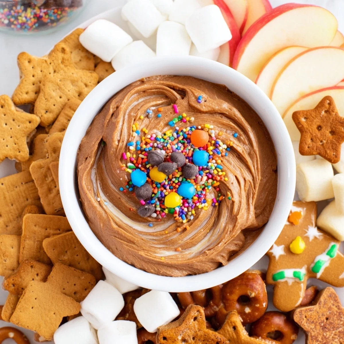 Creamy Gingerbread House Dip board, surrounded by dippable treats, ready for the holidays.
