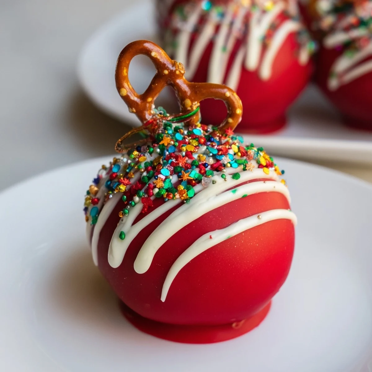Homemade Ornament Ball Cake Pops with pretzel "hooks," ideal for a holiday dessert display.