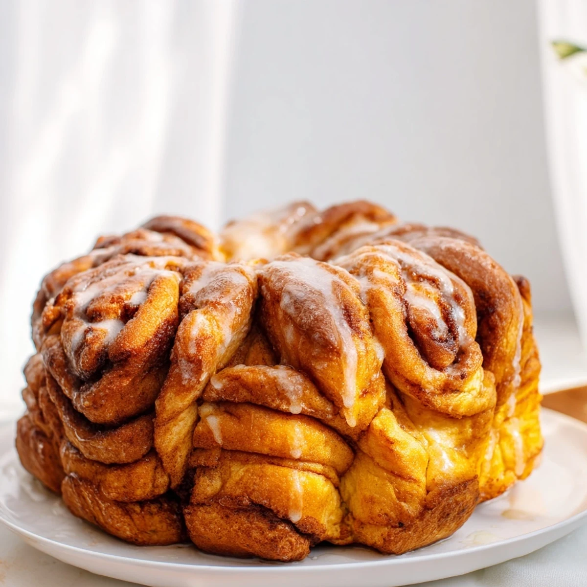Warm Cinnamon Swirl Christmas Tree Bread, golden brown and drizzled with sweet icing for brunch.