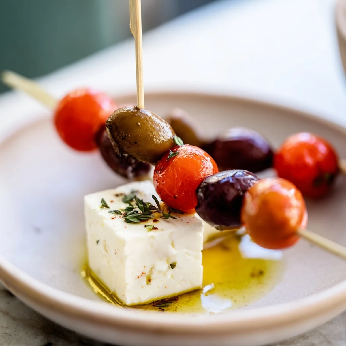 Festive Holiday Cheers Olive and Feta Skewers, a colorful appetizer arranged and ready to serve beautifully.