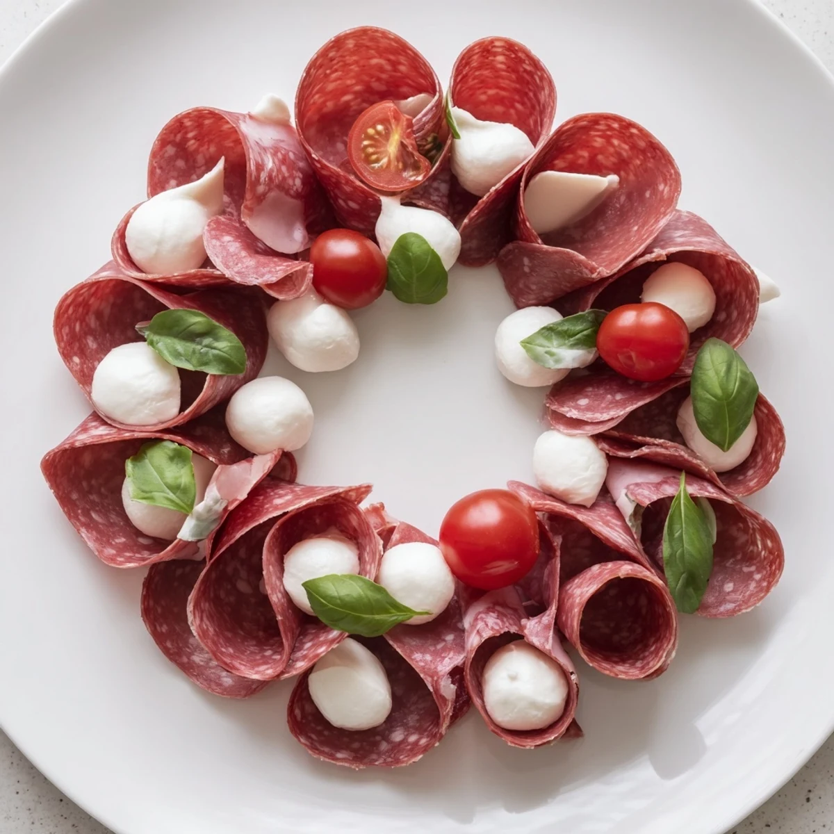 Folded salami wreath arranged as a festive appetizer, ready to serve with crackers and cheese.
