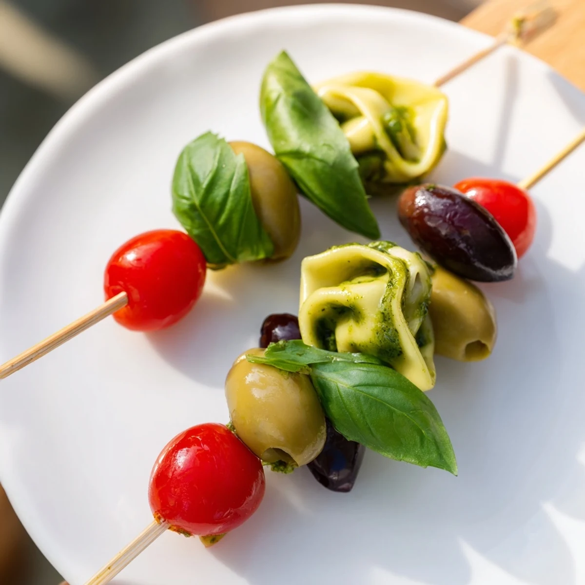 Appetizer Skewers: colorful tortellini, pesto-covered, with olives and tomatoes ready for guests.