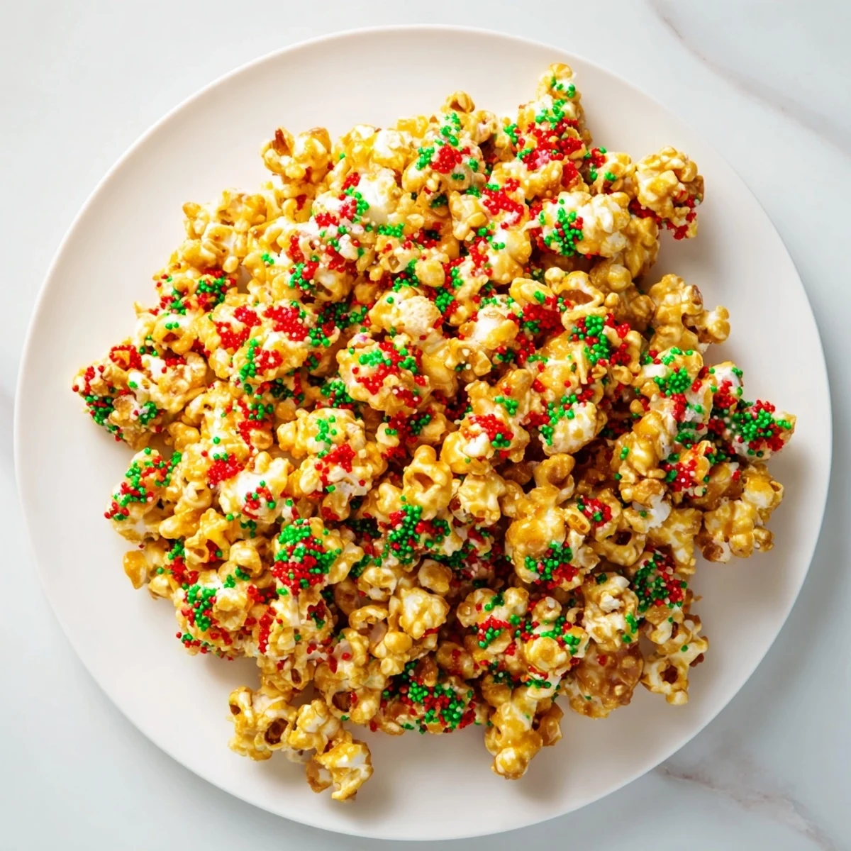Sweet Popcorn Piles scattered with festive red and green sprinkles, a colorful holiday treat.