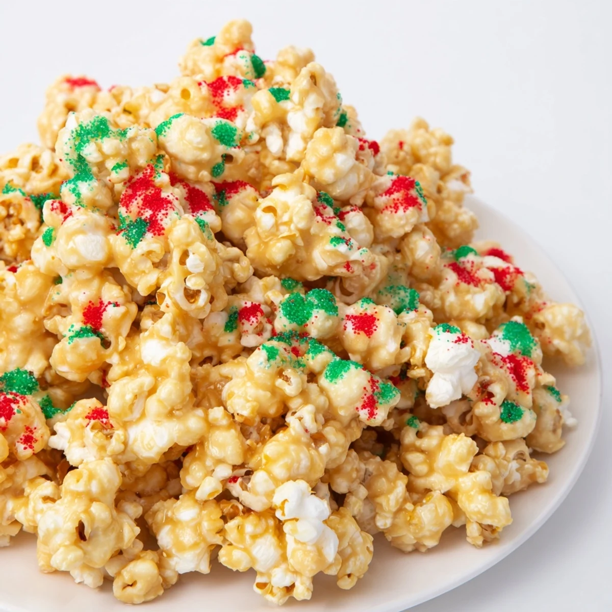 Close-up of freshly made Popcorn Piles, ready to eat, featuring bright sprinkles creating a holiday feel.