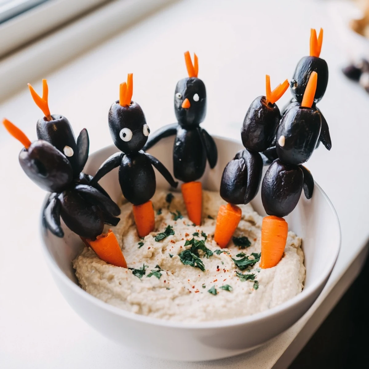 This Winter Dip presents a smooth, chilled white bean dip with adorably placed olive penguins.