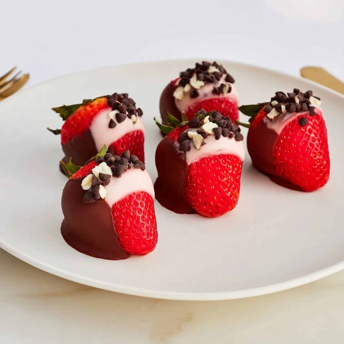 Fresh, halved strawberries dipped in creamy yogurt, frozen for a cool, guilt-free Yogurt Dipped Strawberry treat.