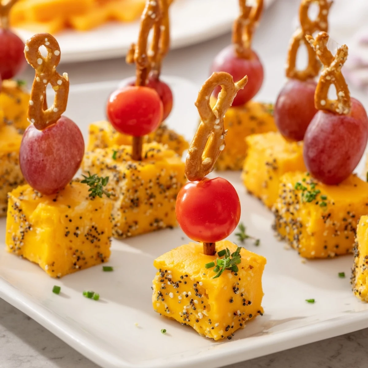 Festive shot: sharp cheddar cubes sparkling on pretzel sticks for your NYE Cheese.