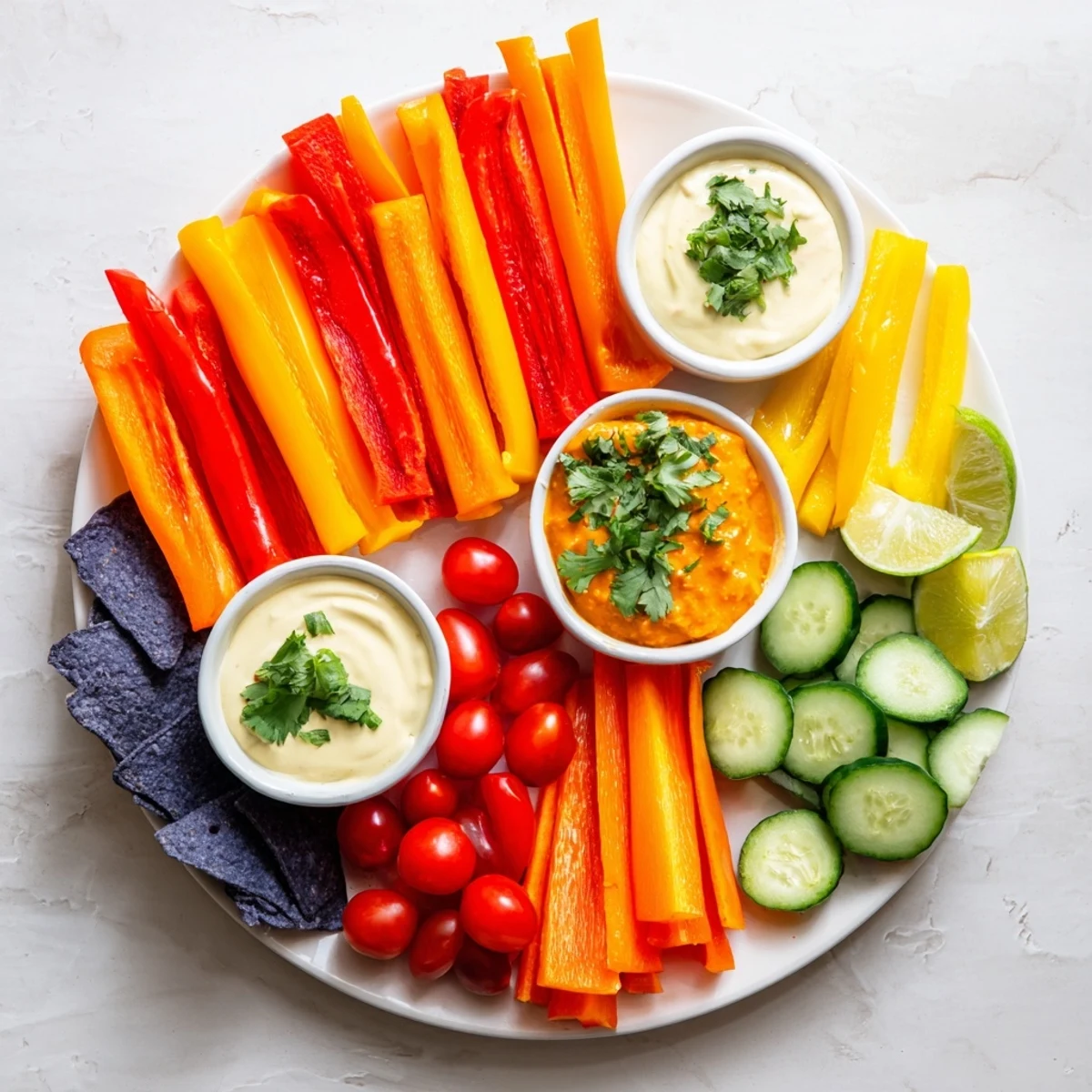 Spicy Chili Pepper Fiesta appetizer platter with colorful peppers, dips, and crunchy tortilla chips ready to enjoy.