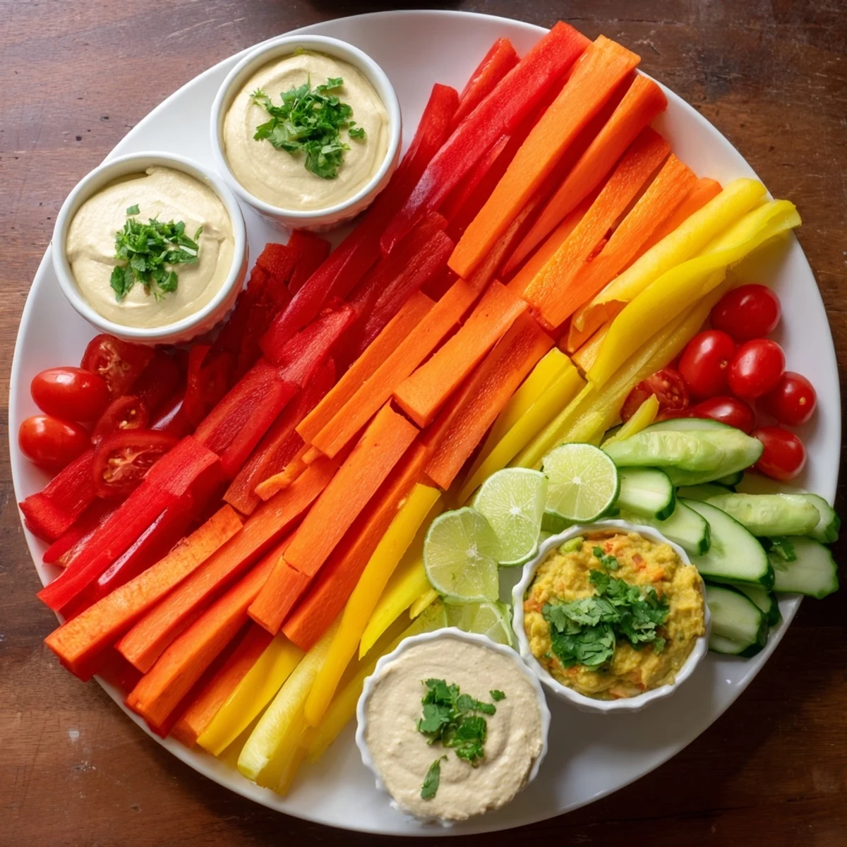 Vibrant image of the Spicy Chili Pepper Fiesta features sweet bell peppers alongside fiery chili peppers and various dips.