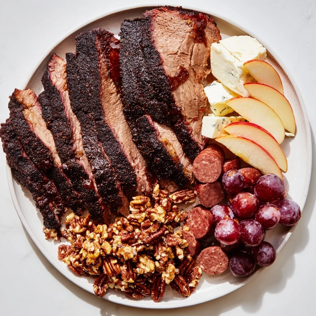 A bountiful charcuterie board displaying smoky BBQ meats, cheeses, and bourbon-infused accents.